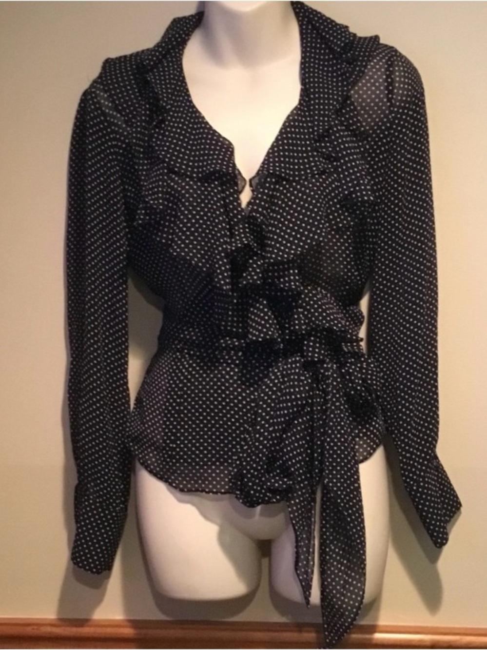 Ralph Lauren Black Polka Dot Ruffle Wrap tie Blouse